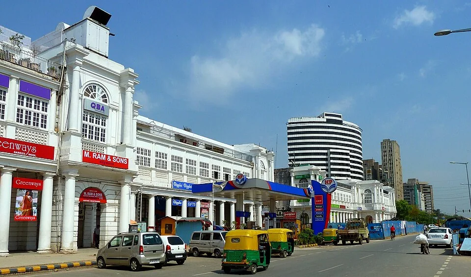 The white colonnades and circular roads of Connaught Place in New Delhi